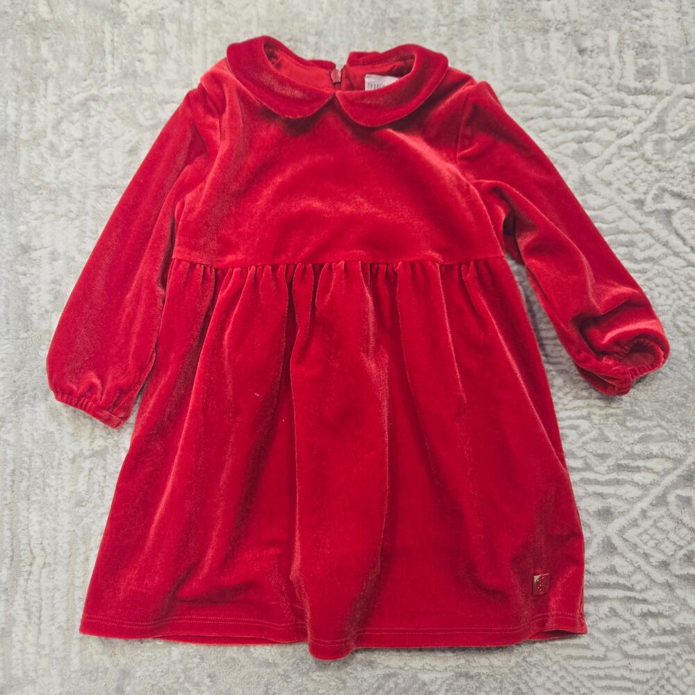 Carrement Beau Red Velvet Long Sleeve Dress Baby Doll Collar Holiday 24 Month